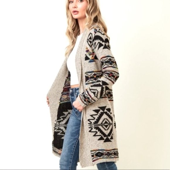 Aztec Print Cardigan Open Front Long NEW - Picture 6 of 8
